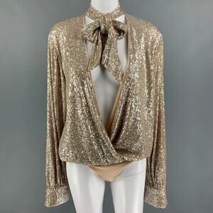 JONATHAN SIMKHAI Size L Champagne Polyester Sequined Bodysuit Shirt